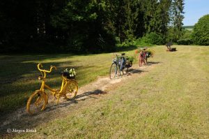 Drei bunte bemalte Fahrräder und eine Parkbank an einem Picknick-Platz