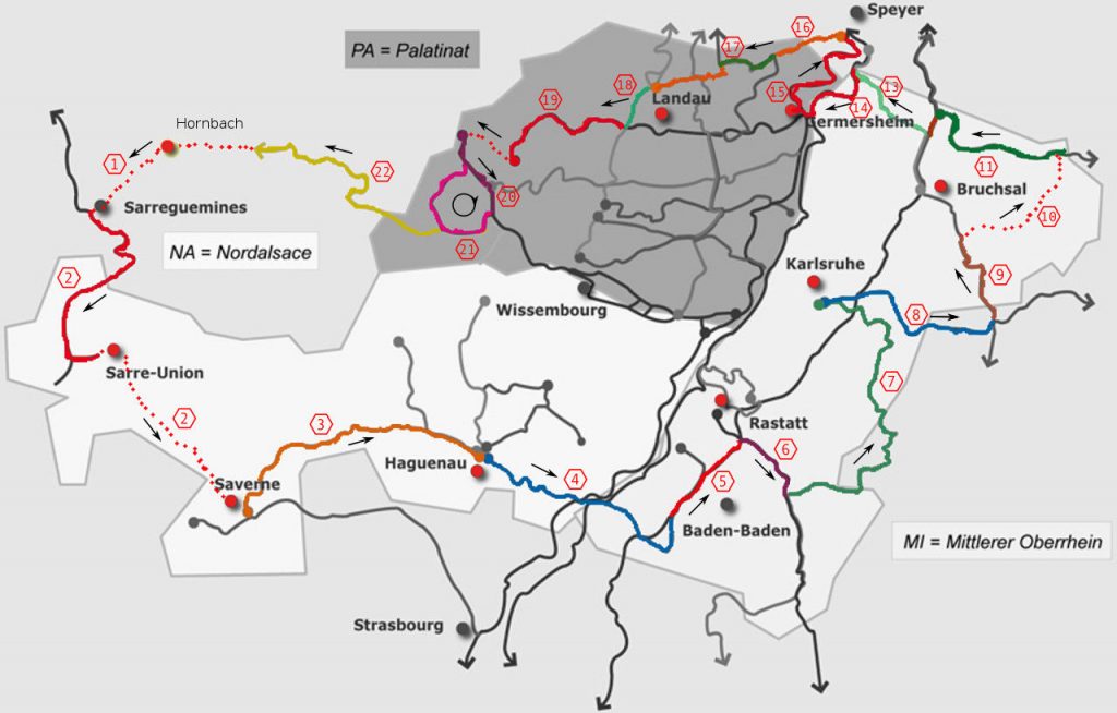 Eine Landkarte des Paminaraums Pfalz, Nord Elsass und Baden. 600 Kilometer Rundkurs an den Grenzen auf ausgewiesenen Radwegen,