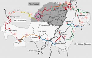 Eine Karte des Paminalands mit markierter Radroute an den Grenzen des Raums Pfalz (PA) Mittlerer Oberrhein (MI) und Nordelsass (NA)