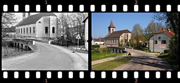 Zwei Bilder einer Straße mit Kirche und Dorfeingang in Burgund. Ähnlicher Standort im zeitlichen Abstand von 10 Jahren.