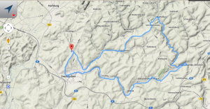 Landkarte, die eine 55 km lange Radtour darstellt zur Generierung unikater Fotografien. Standort Sickinger Höhe.