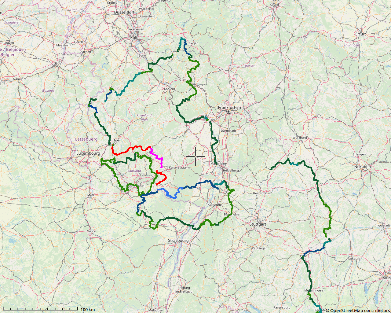 Landkarte mit den Konturen der grenznahen Radwege rund um Rheinland-Pfalz, Saarland, dem Tourismus-Konstrukt Paminaland (Pfalz, Nordelsass, Mittlerer Oberrhein), sowie nahe der Westgrenze Bayerns von etwa Würzburg bis Lindau. Zwischen den Linien entstehen neue Flächen.