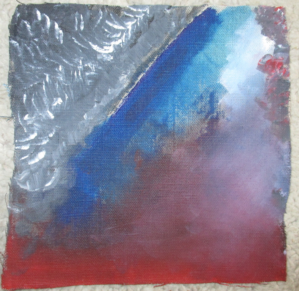 Abstraktes Gemälde blau über rot mit Wolkenstruktur in der linken oberen Ecke