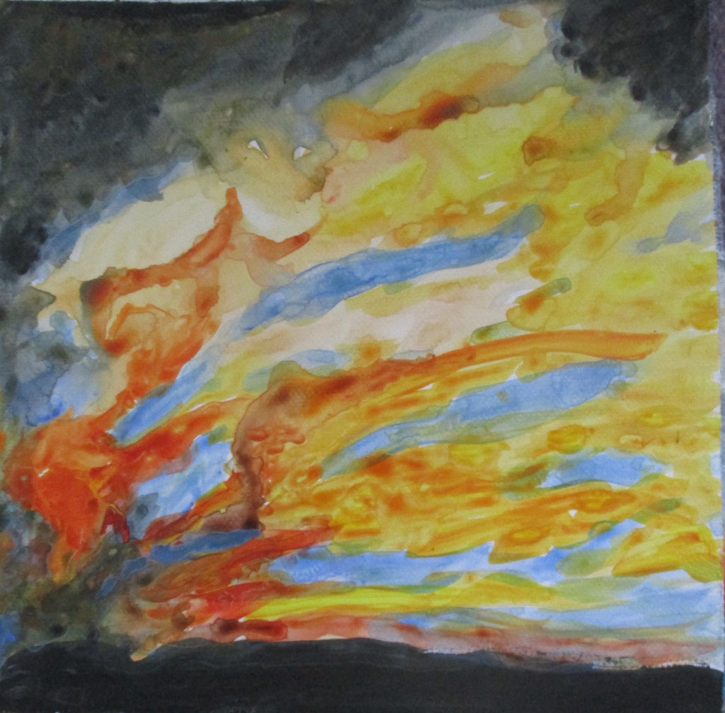 Wie Feuer, das von links aus dem Dunkel weht, wirkt das abstrakte Gemälde mit schwarzem Rand.