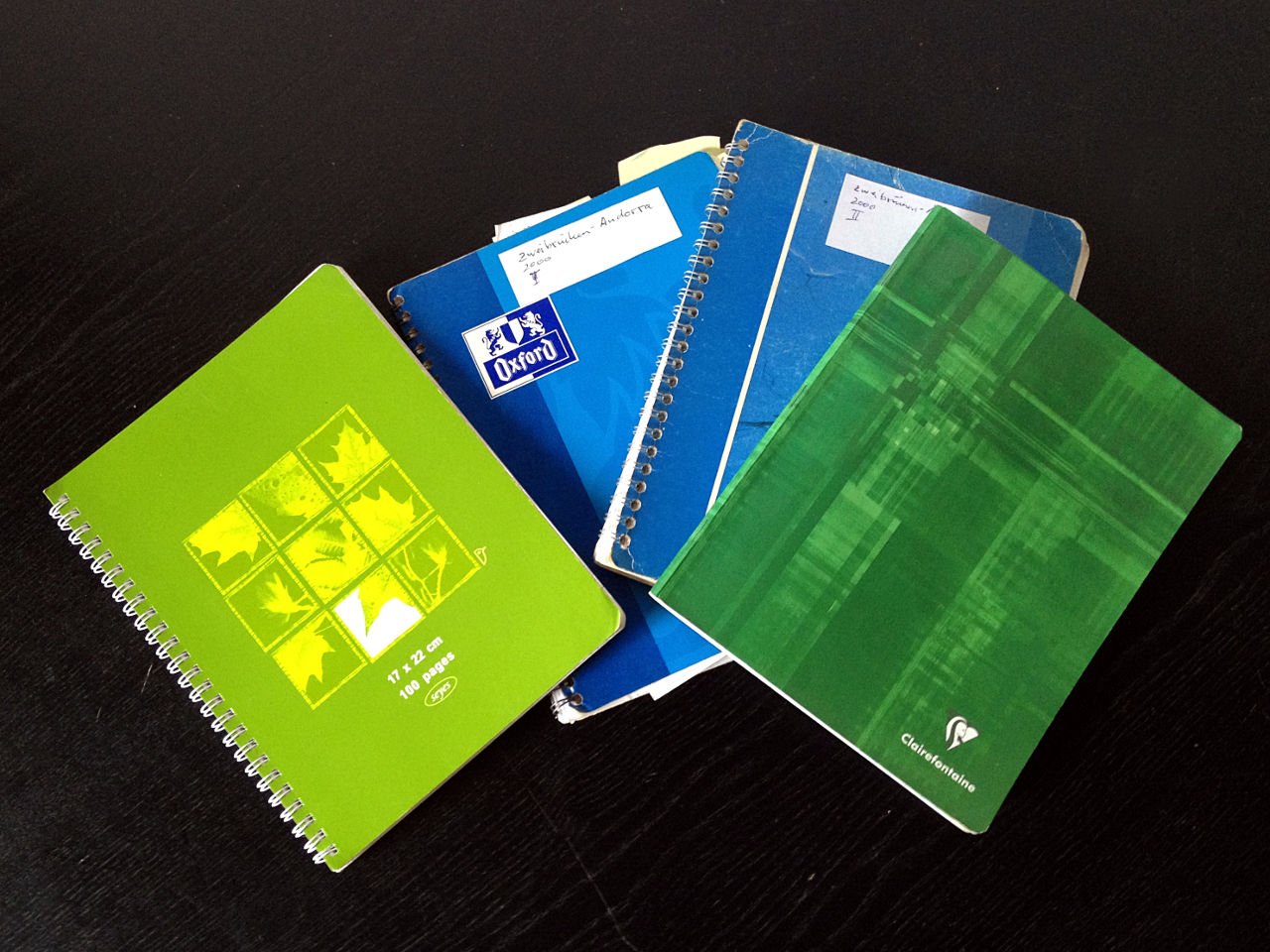 Zwei blaue und zwei grüne Notizbücher aufgefächert wie ein Kartenblatt auf schwarzem Grund
