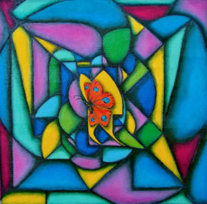 Buntes Gemälde Schmetterling im Kern vor einem Mosaik.