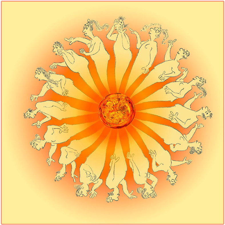 Rings um eine orangerote Sonnes strahlen menschliche, gezeichnete Figuren ein bisschen Im Lorit-Stil.