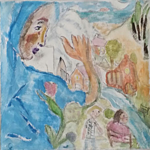 Aus einem hellblauen, bildhohen Cape löst sich links ein Gesicht und eine Hand und überschaut eine pastellenes Dorf. Menschen sitzen im Park an einem kleinen Bach.