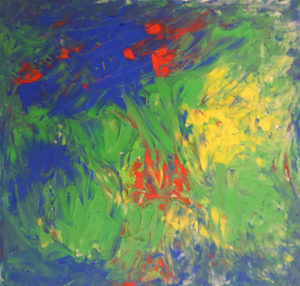 Abstraktes Gemälde, das an die Draufsicht einer Blumenwiese erinnert. Es dominieren Blau und Grün mit roten und gelben Einsprengseln.