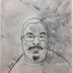 Strichzeichnung Mann mit Brille und Kinnbart und Moustache, Schwarz-weiß.