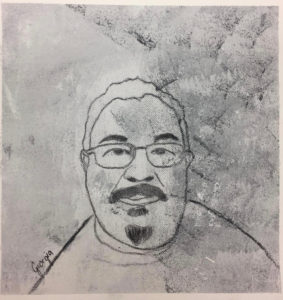Strichzeichnung Mann mit Brille und Kinnbart und Moustache, Schwarz-weiß.