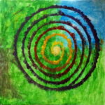 Eine bunte, rechts drehende Spirale vor grün-blauem Hintergrund.