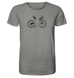 Graues T-Shirt mit scharzer, abstrahierter Fahrradsilhouette, die nur aus Rädern, Lenker, Sattel und Pedalen besteht.