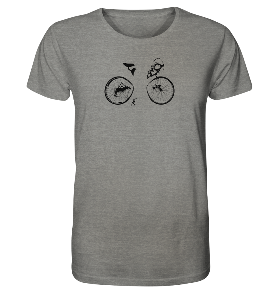 Graues T-Shirt mit scharzer, abstrahierter Fahrradsilhouette, die nur aus Rädern, Lenker, Sattel und Pedalen besteht.