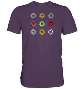 Neun bunte dicke Möbiusbänder mit feinen farbigen geometrischen Strukturen auf einem lila T-Shirt. Im drei mal drei Raster.