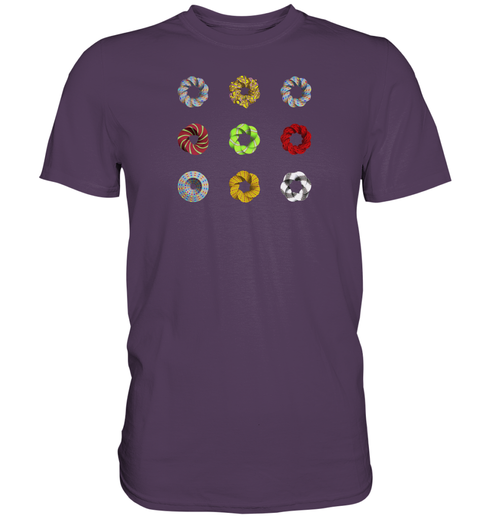 Neun bunte dicke Möbiusbänder mit feinen farbigen geometrischen Strukturen auf einem lila T-Shirt. Im drei mal drei Raster.