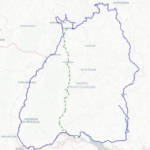 Grenznahe Radroute auf Landkarte des Bundeslands Baden-Württemberg. In der Mitte eine gestrichelte grüne Linie, die dem Neckar folgt bis zum Bodensee.