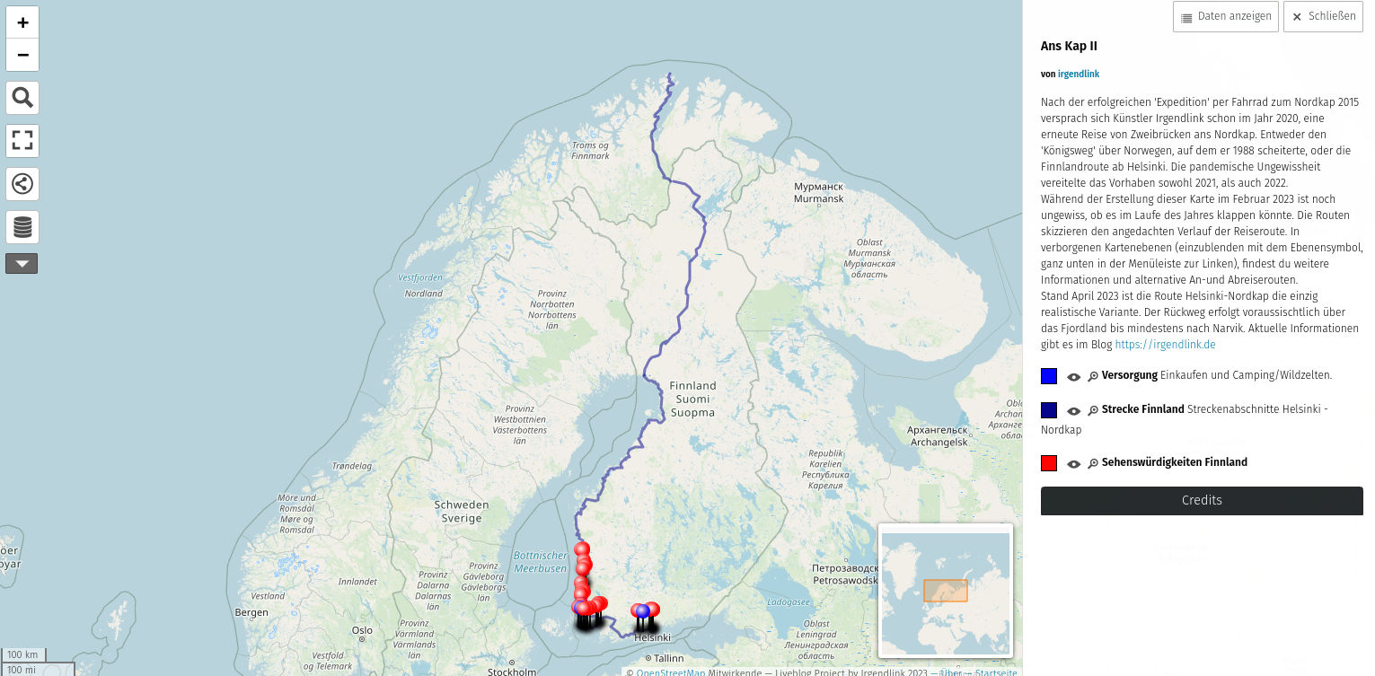 Landkartenausschnitt in blassen bläulichen Farben. Finnland, Norwegen und Schweden. Von Helsinki folgt eine blaue Linie der Ostseeküste und führt schließlich bis zum Nordkap. Einige rote und blaue Stecknadelpunkte befinden sich am Verlauf der Linie