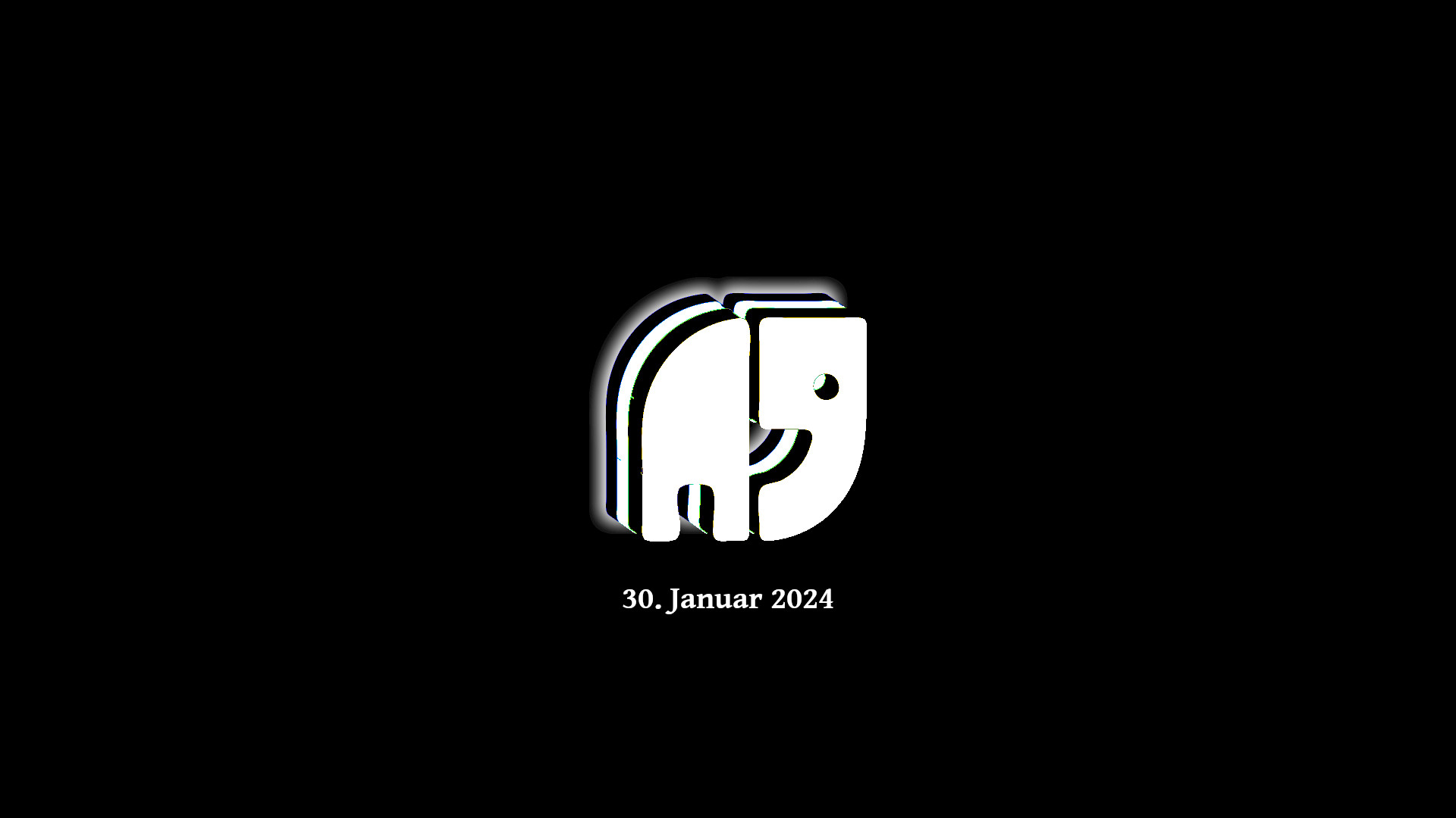 Schwarzes Bild mit einem stilisierten, fast würfelförmigen Elefanten als geschichtete schwarz weiße Silhouette. Darunter das Datum 30. Januar 2024